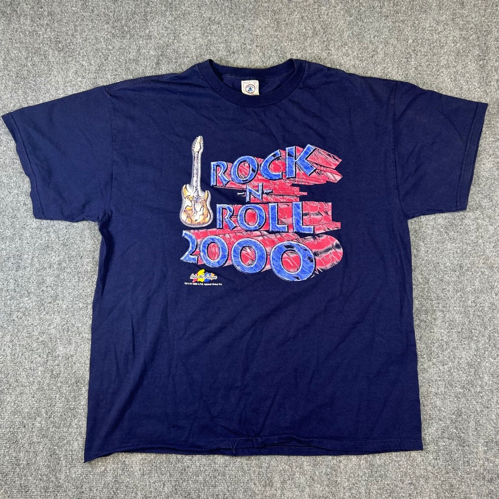 Vintage 1999 Delta Rock N Roll 2000 Graphic T-Shirt Navy Blue XL 90s Y2K Tee